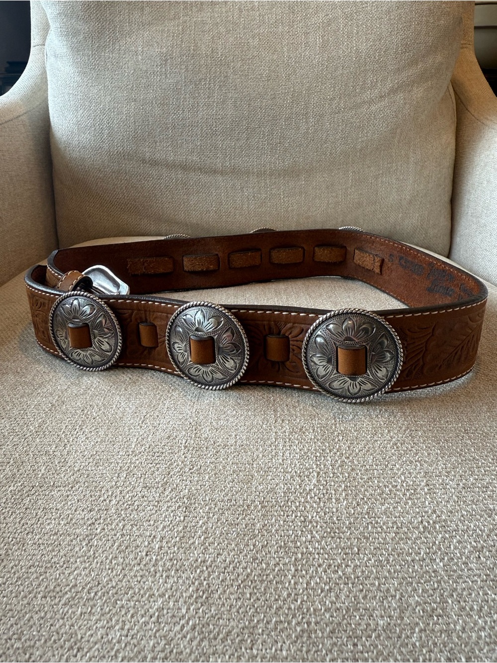 Tony Lama Brown Tooled Leather Belt with Silver Conchos- western, rodeo, country